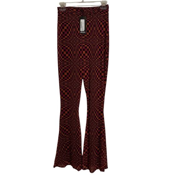 NWT Nasty Gal Abstract Checked Print Mesh Flare Pants - Picture 4 of 7